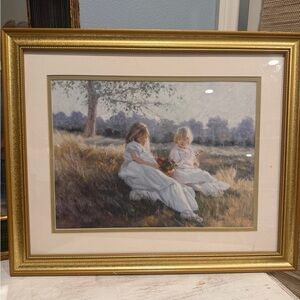 Vintage Pastoral Print - Girls in White Dresses with Gold Frame